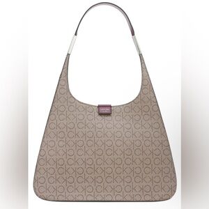 Calvin Klein Taupe Monogram Shoulder Bag with Burgundy Accents